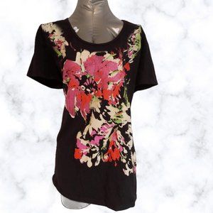♣Black T-shirt w Colourful Abstract Floral Pattern